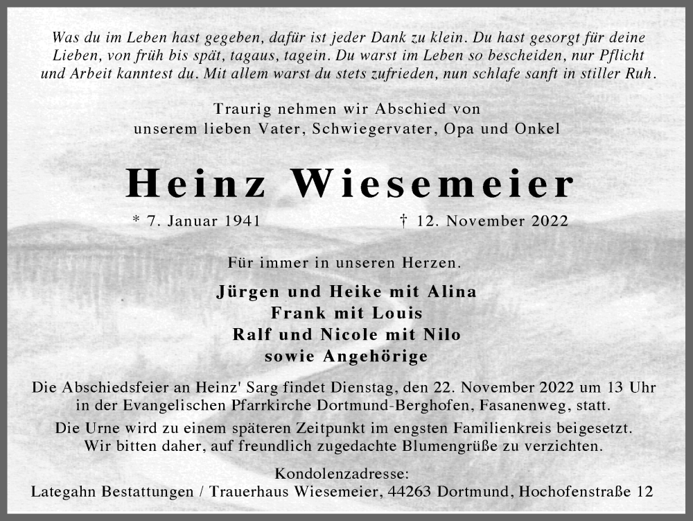  Traueranzeige für Heinz Wiesemeier vom 19.11.2022 aus 