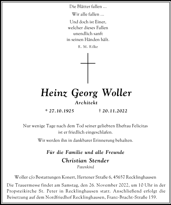 Traueranzeige von Heinz Georg Woller von Medienhaus Bauer