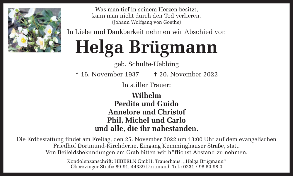  Traueranzeige für Helga Brügmann vom 24.11.2022 aus 