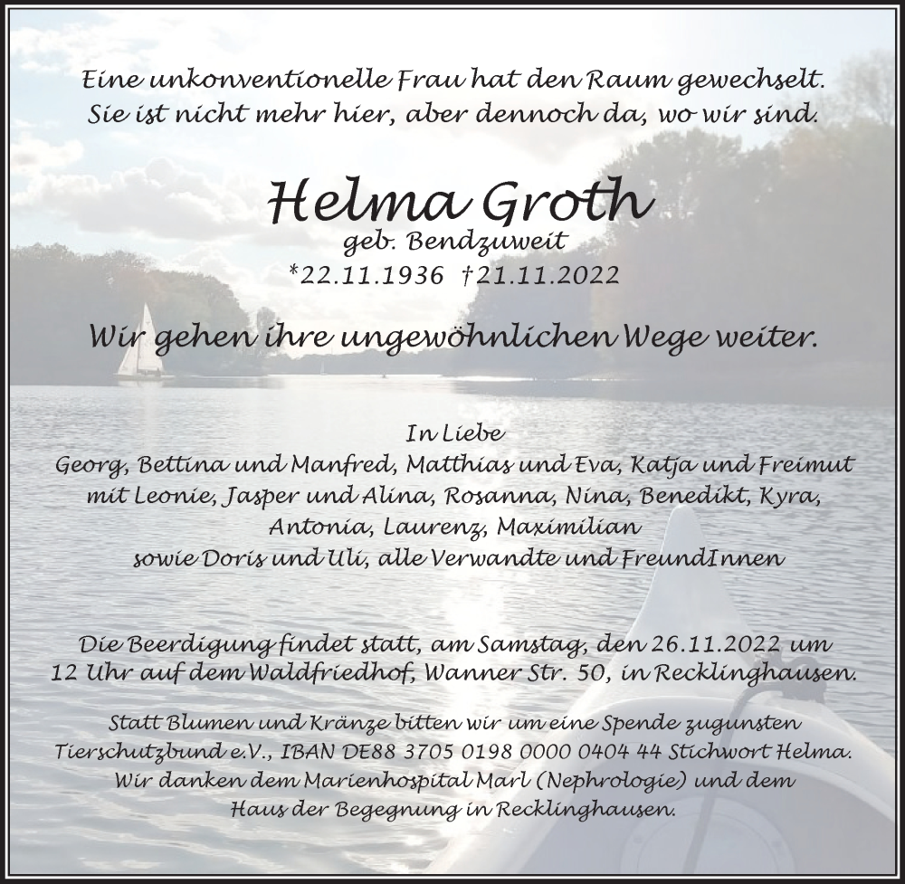  Traueranzeige für Helma Groth vom 24.11.2022 aus Medienhaus Bauer