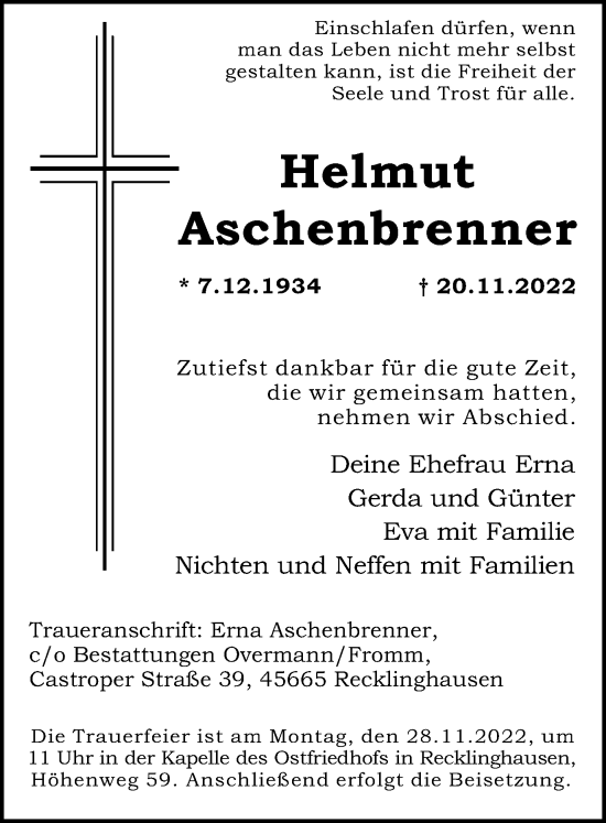 Traueranzeige von Helmut Aschenbrenner von Medienhaus Bauer
