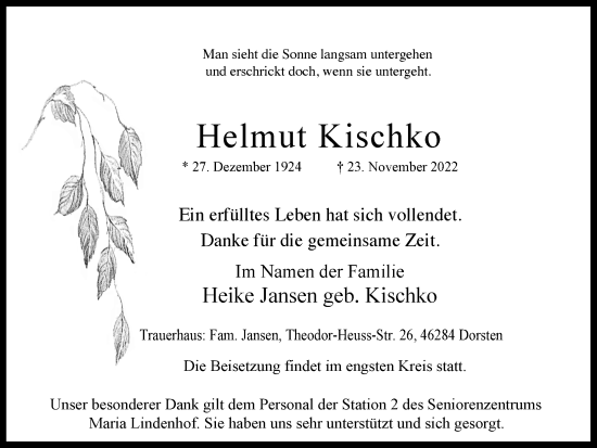 Traueranzeige von Helmut Kischko von Ruhr Nachrichten und Dorstener Zeitung
