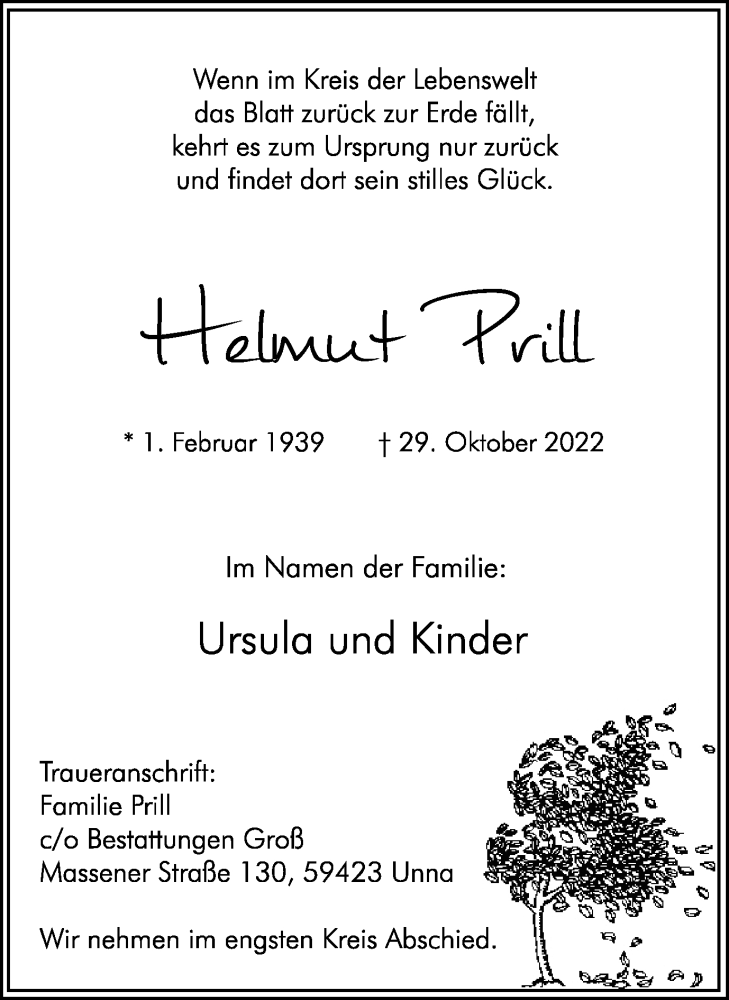  Traueranzeige für Helmut Prill vom 12.11.2022 aus Hellweger Anzeiger