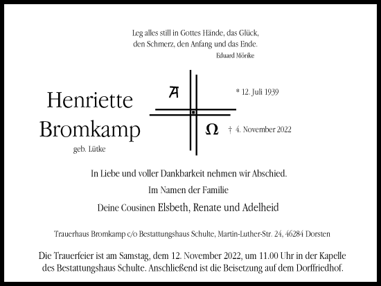 Traueranzeige von Henriette Bromkamp von Ruhr Nachrichten und Dorstener Zeitung