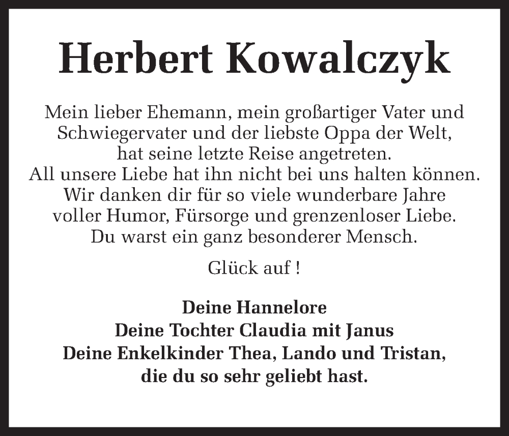  Traueranzeige für Herbert Kowalczyk vom 22.11.2022 aus Ruhr Nachrichten