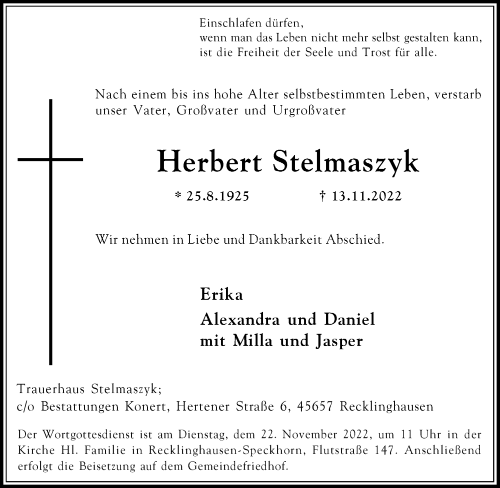  Traueranzeige für Herbert Stelmaszyk vom 19.11.2022 aus Medienhaus Bauer