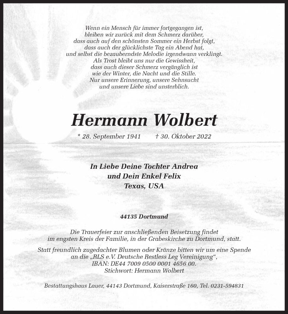  Traueranzeige für Hermann Wolbert vom 12.11.2022 aus 