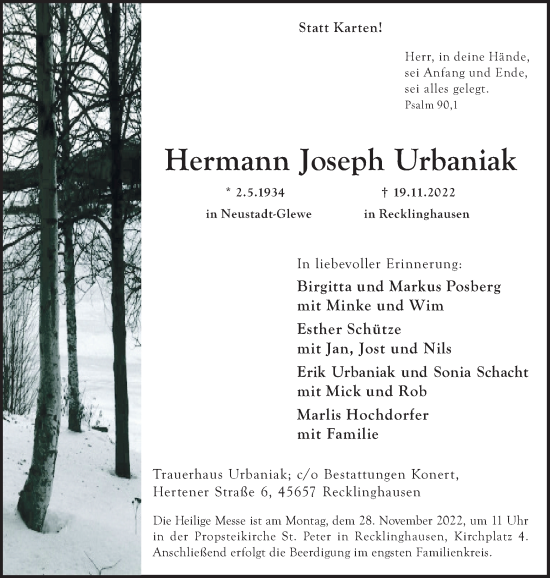 Traueranzeige von Hermann Joseph Urbaniak von Medienhaus Bauer