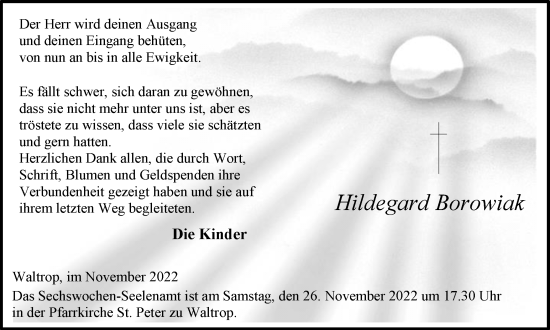 Traueranzeige von Hildegard Borowiak von Medienhaus Bauer