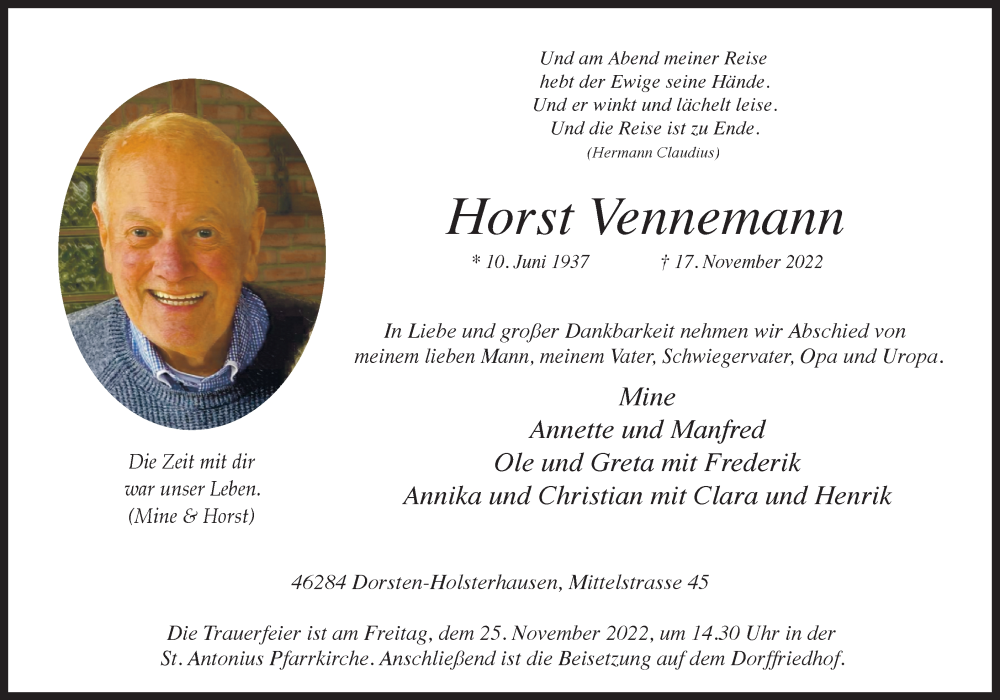  Traueranzeige für Horst Vennemann vom 23.11.2022 aus Ruhr Nachrichten und Dorstener Zeitung