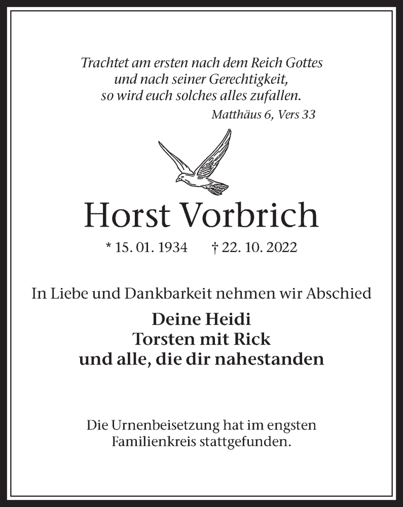  Traueranzeige für Horst Vorbrich vom 26.11.2022 aus Medienhaus Bauer