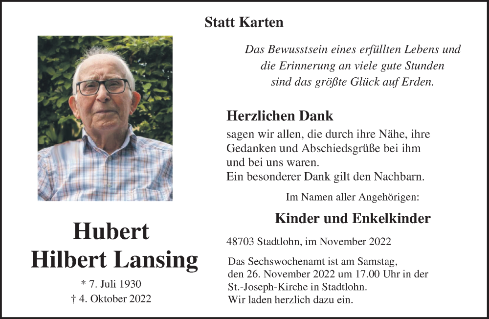  Traueranzeige für Hubert Hilbert Lansing vom 24.11.2022 aus Münstersche Zeitung und Münsterland Zeitung