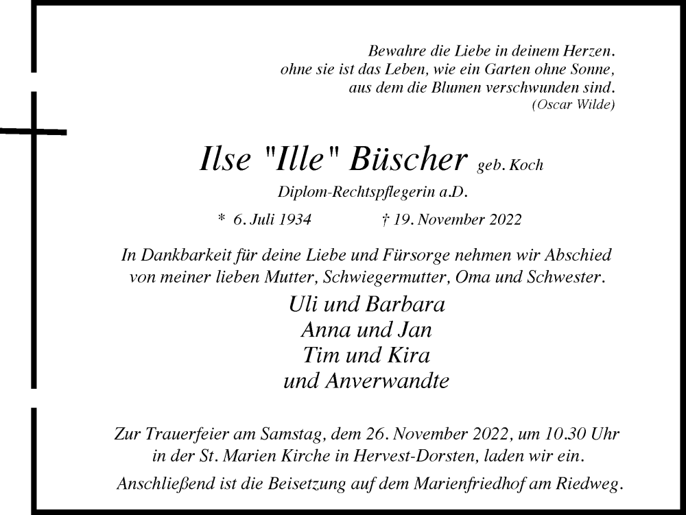  Traueranzeige für Ilse Büscher vom 23.11.2022 aus Ruhr Nachrichten und Dorstener Zeitung