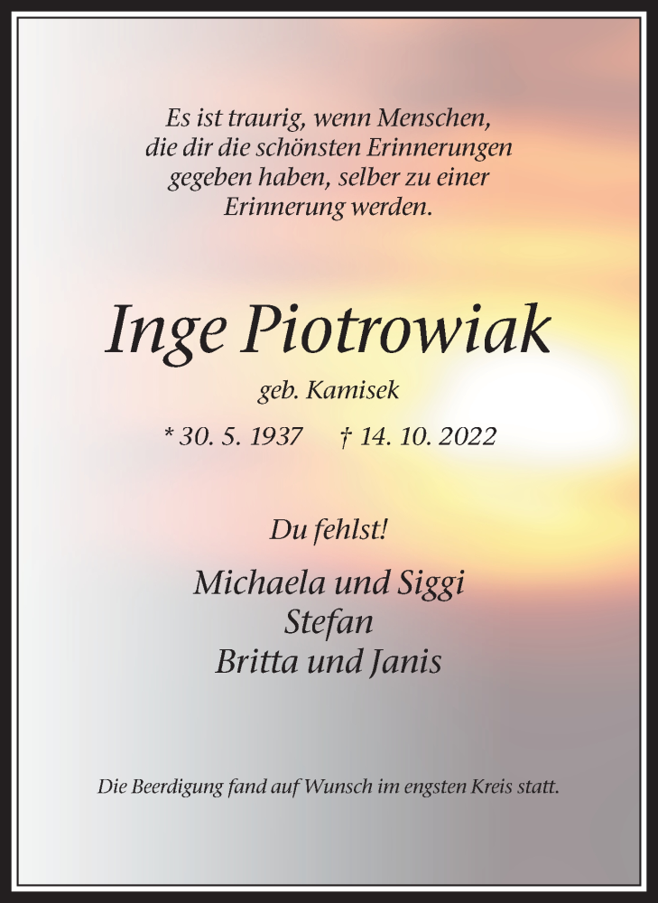  Traueranzeige für Inge Piotrowiak vom 26.11.2022 aus Medienhaus Bauer
