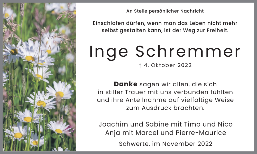  Traueranzeige für Inge Schremmer vom 05.11.2022 aus 