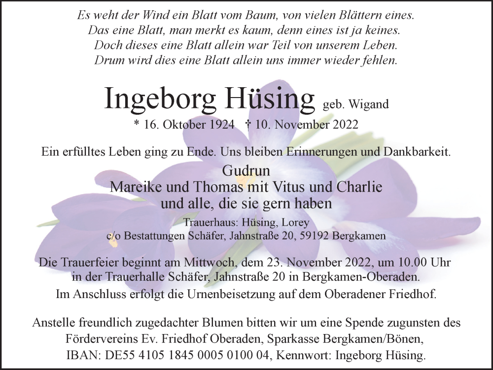  Traueranzeige für Ingeborg Hüsing vom 19.11.2022 aus Hellweger Anzeiger