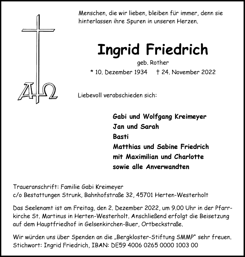  Traueranzeige für Ingrid Friedrich vom 30.11.2022 aus Medienhaus Bauer