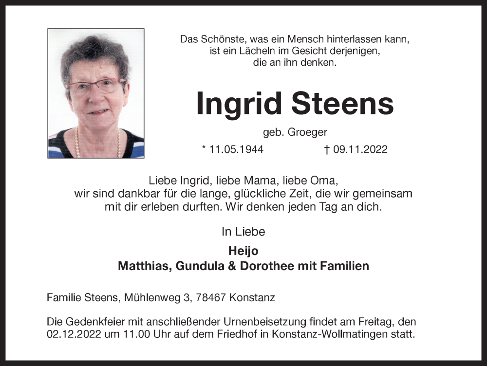 Traueranzeigen von Ingrid Steens | sich-erinnern.de