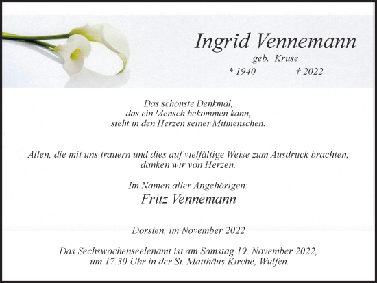 Traueranzeige von Ingrid Vennemann von Ruhr Nachrichten und Dorstener Zeitung