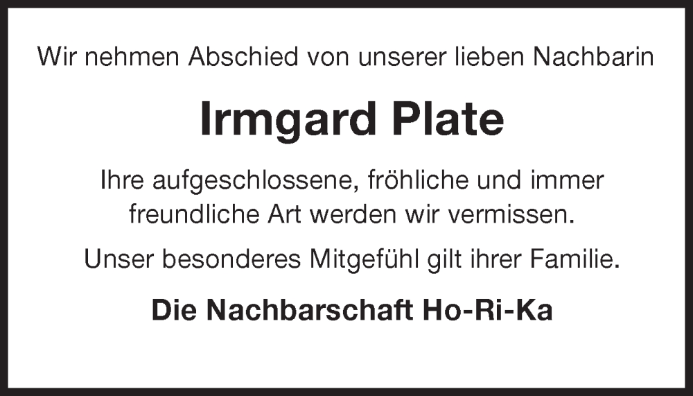  Traueranzeige für Irmgard Plate vom 23.11.2022 aus Münstersche Zeitung und Münsterland Zeitung
