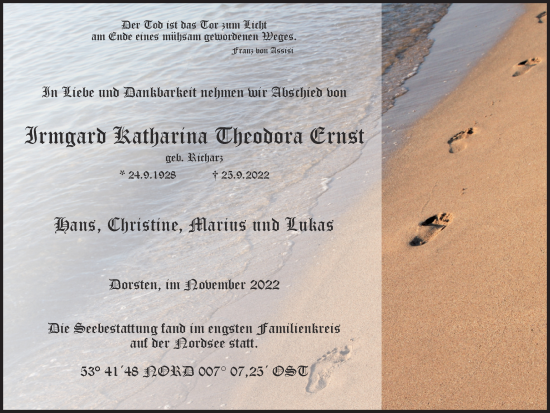 Traueranzeige von Irmgard Katharina Theodora Ernst von Ruhr Nachrichten und Dorstener Zeitung