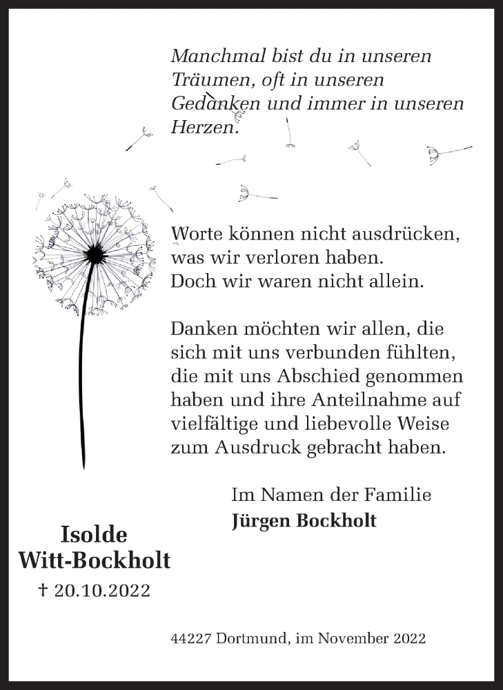  Traueranzeige für Isolde Witt-Bockholt vom 12.11.2022 aus 