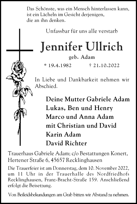 Traueranzeige von Jennifer Ullrich von Medienhaus Bauer