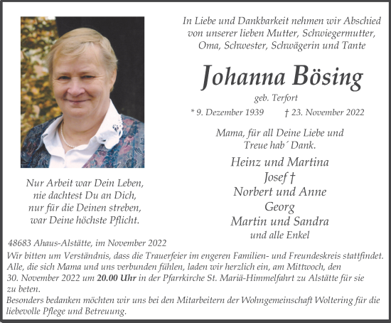 Traueranzeige von Johanna Bösing von Münstersche Zeitung und Münsterland Zeitung