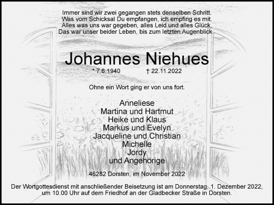 Traueranzeige von Johannes Niehues von Ruhr Nachrichten und Dorstener Zeitung