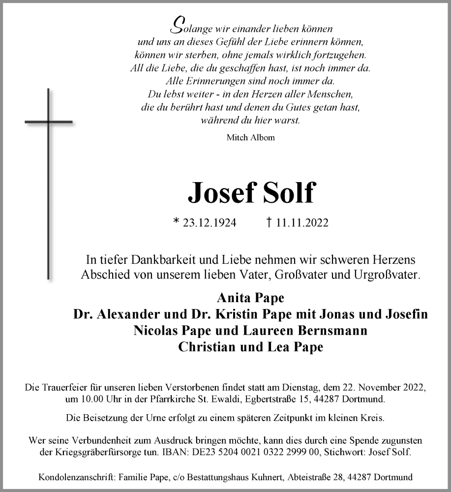  Traueranzeige für Josef Solf vom 19.11.2022 aus 