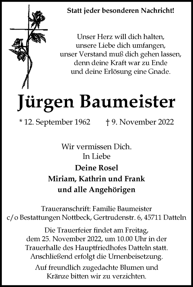  Traueranzeige für Jürgen Baumeister vom 19.11.2022 aus Medienhaus Bauer