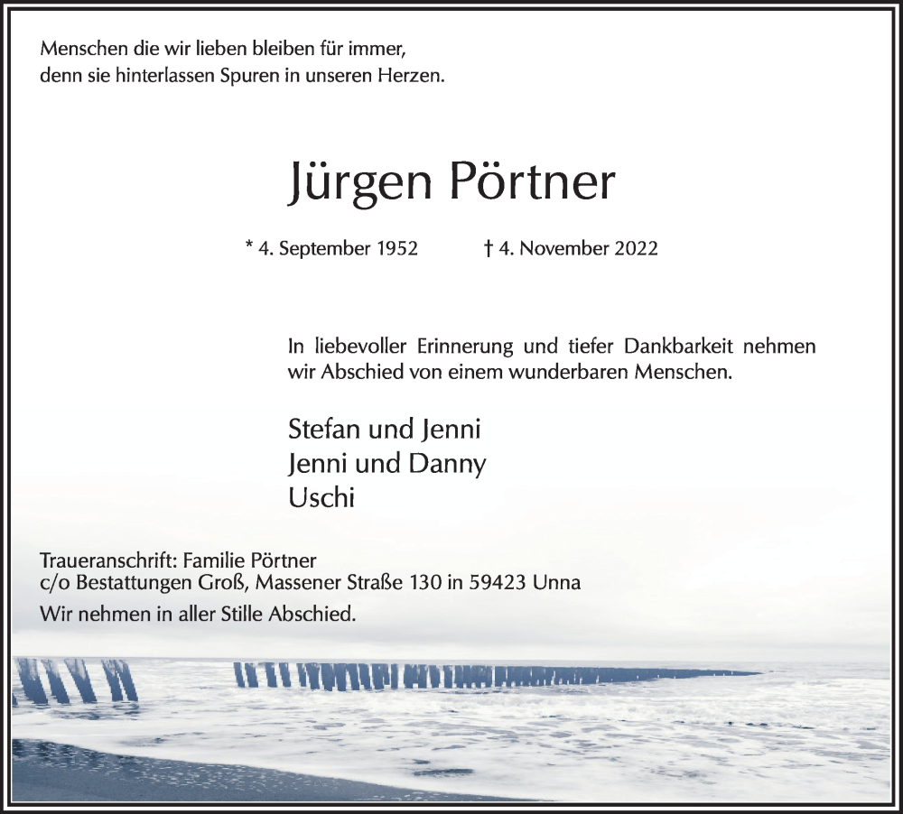  Traueranzeige für Jürgen Pörtner vom 19.11.2022 aus Hellweger Anzeiger