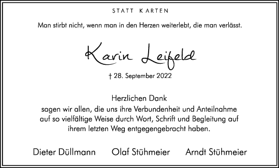 Traueranzeige von Karin Leifeld von Hellweger Anzeiger
