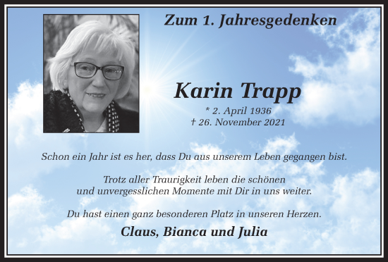 Traueranzeige von Karin Trapp von Medienhaus Bauer