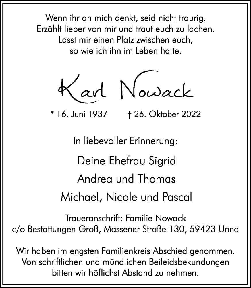  Traueranzeige für Karl Nowack vom 05.11.2022 aus Hellweger Anzeiger