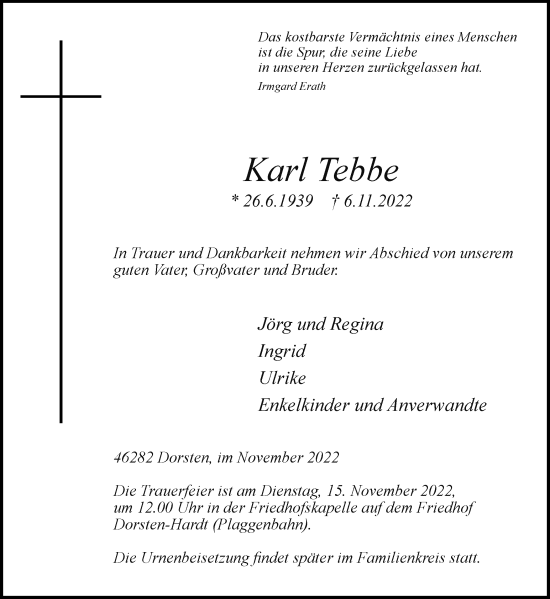 Traueranzeige von Karl Tebbe von Ruhr Nachrichten und Dorstener Zeitung