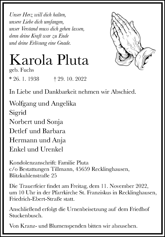  Traueranzeige für Karola Pluta vom 05.11.2022 aus Medienhaus Bauer