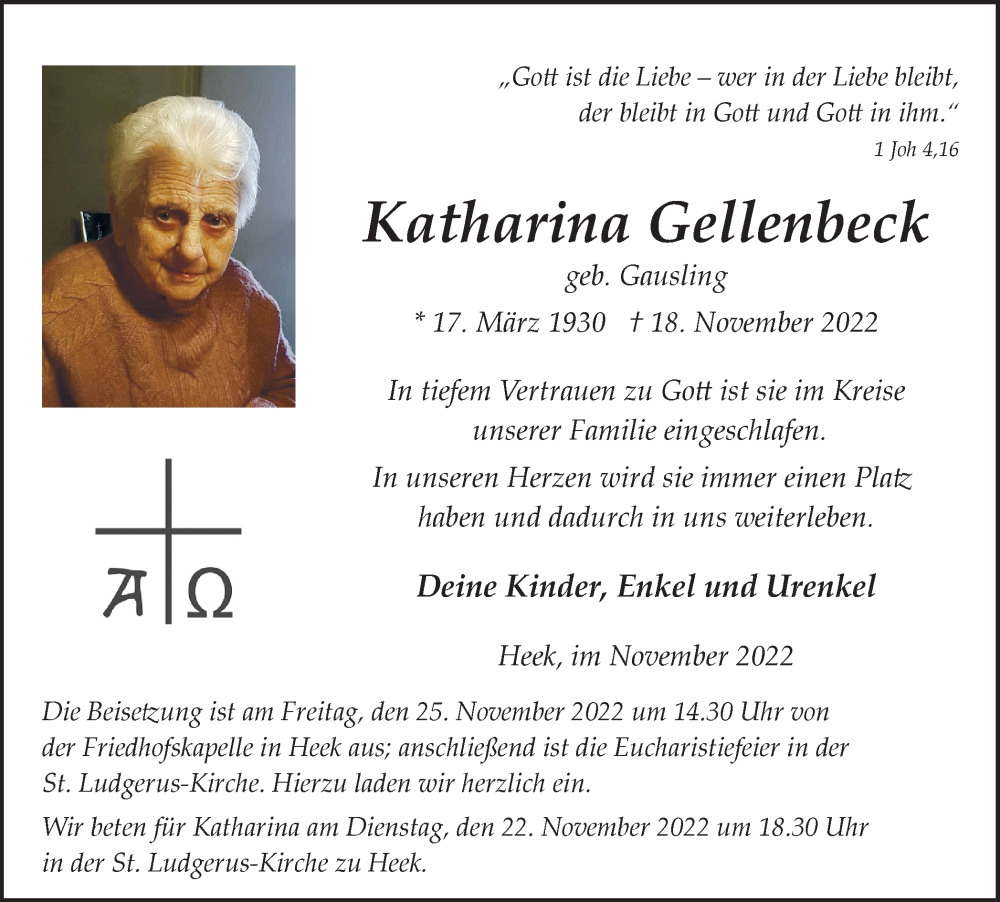  Traueranzeige für Katharina Gellenbeck vom 22.11.2022 aus Münstersche Zeitung und Münsterland Zeitung