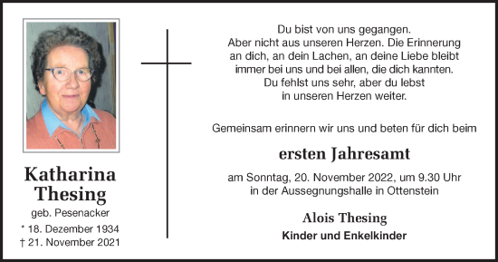 Traueranzeige von Katharina Thesing von Münstersche Zeitung und Münsterland Zeitung