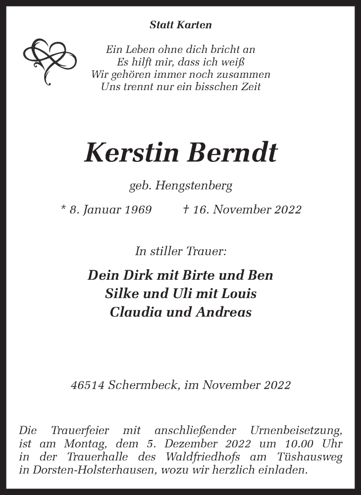  Traueranzeige für Kerstin Berndt vom 23.11.2022 aus Ruhr Nachrichten und Dorstener Zeitung