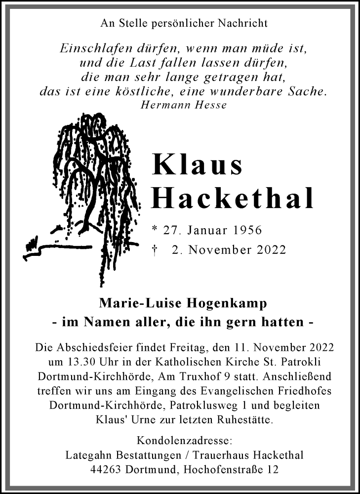  Traueranzeige für Klaus Hackethal vom 09.11.2022 aus 