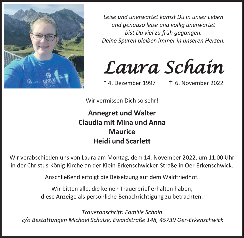  Traueranzeige für Laura Schain vom 12.11.2022 aus Medienhaus Bauer