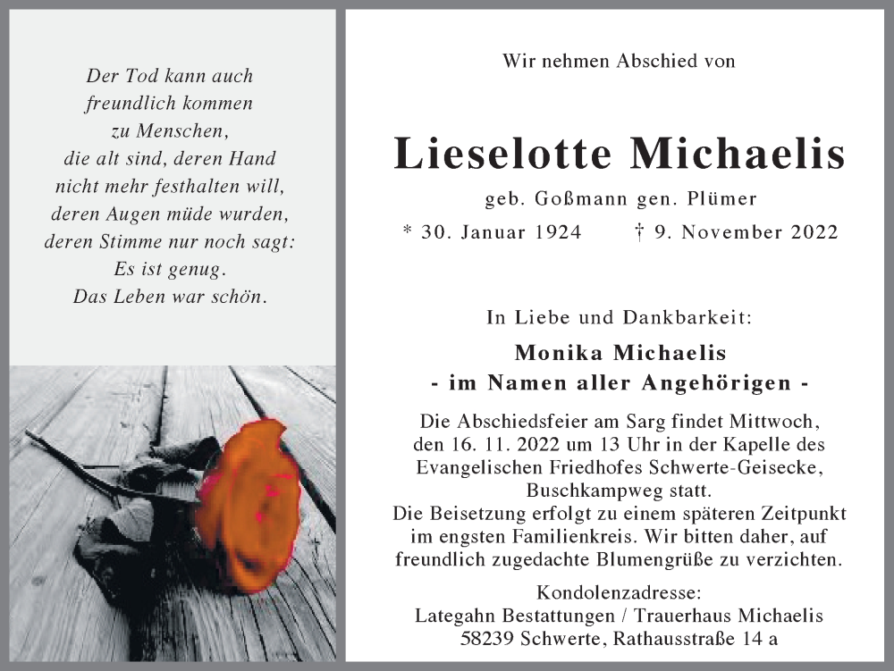  Traueranzeige für Lieselotte Michaelis vom 12.11.2022 aus Ruhr Nachrichten