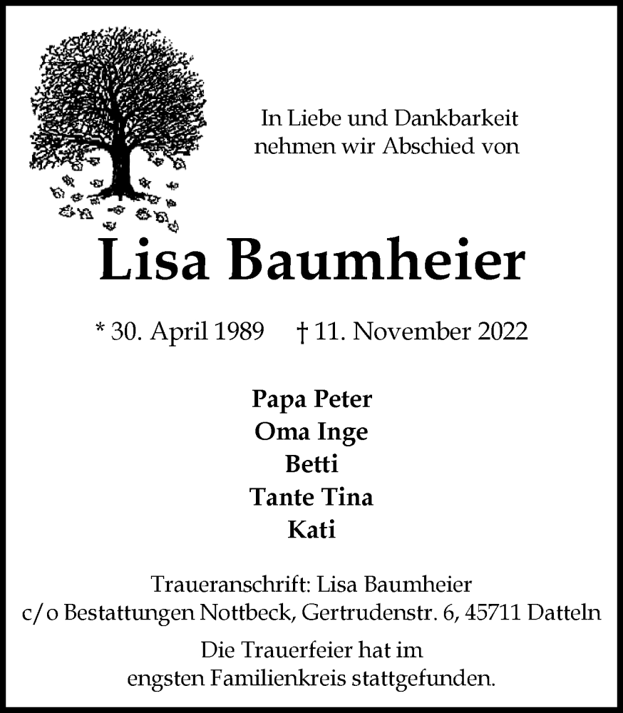  Traueranzeige für Lisa Baumheier vom 19.11.2022 aus Medienhaus Bauer