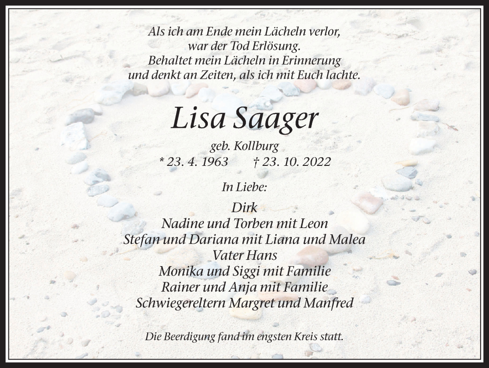  Traueranzeige für Lisa Saager vom 26.11.2022 aus Medienhaus Bauer