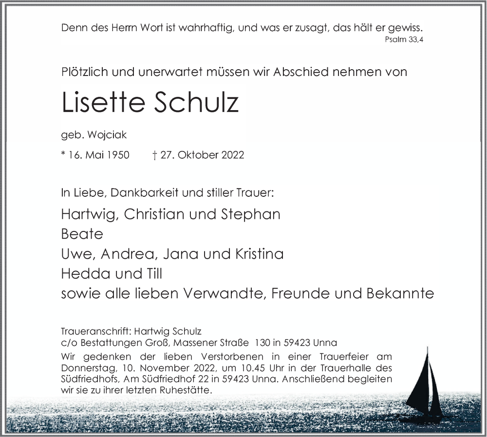  Traueranzeige für Lisette Schulz vom 05.11.2022 aus Hellweger Anzeiger