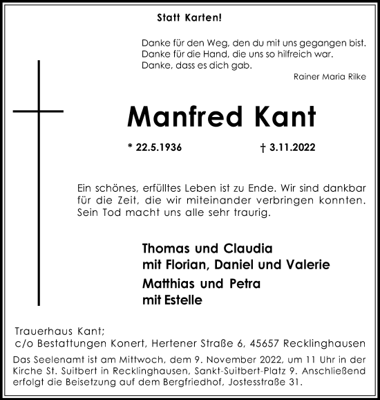 Traueranzeige von Manfred Kant von Medienhaus Bauer