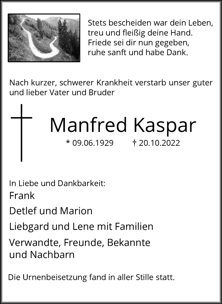  Traueranzeige für Manfred Kaspar vom 10.11.2022 aus Hellweger Anzeiger