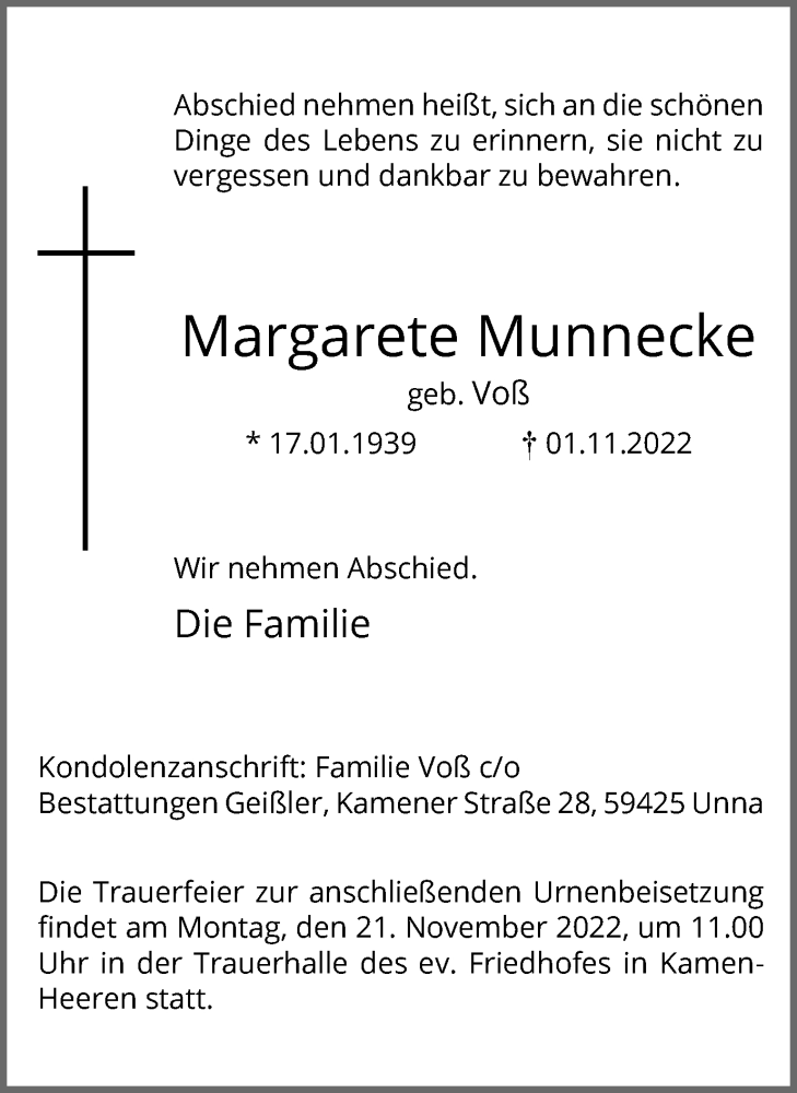  Traueranzeige für Margarete Munnecke vom 12.11.2022 aus Hellweger Anzeiger