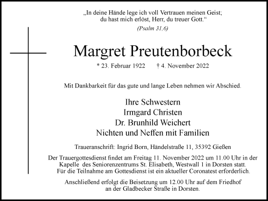 Traueranzeige von Margret Preutenborbeck von Ruhr Nachrichten und Dorstener Zeitung